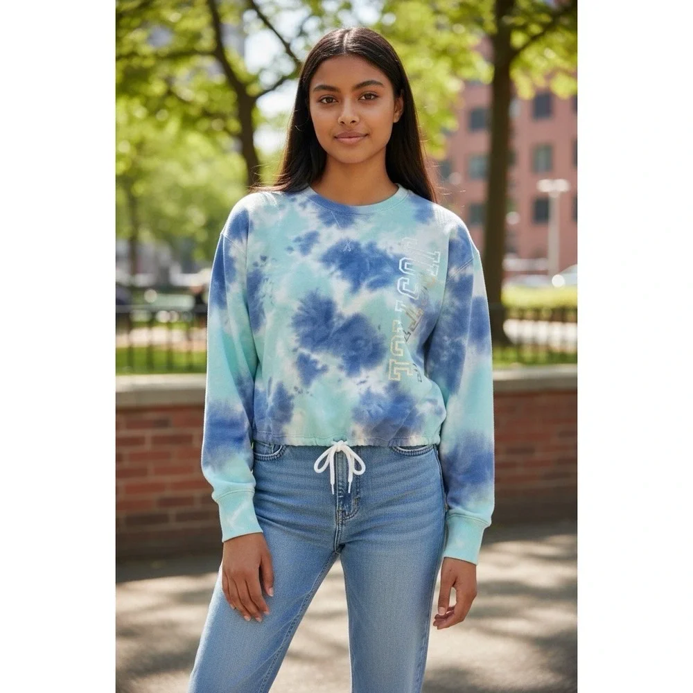 NWT Justice Active Girls Tie Dye Crop Sweatshirt Blue Size 12 Drawstring Hem